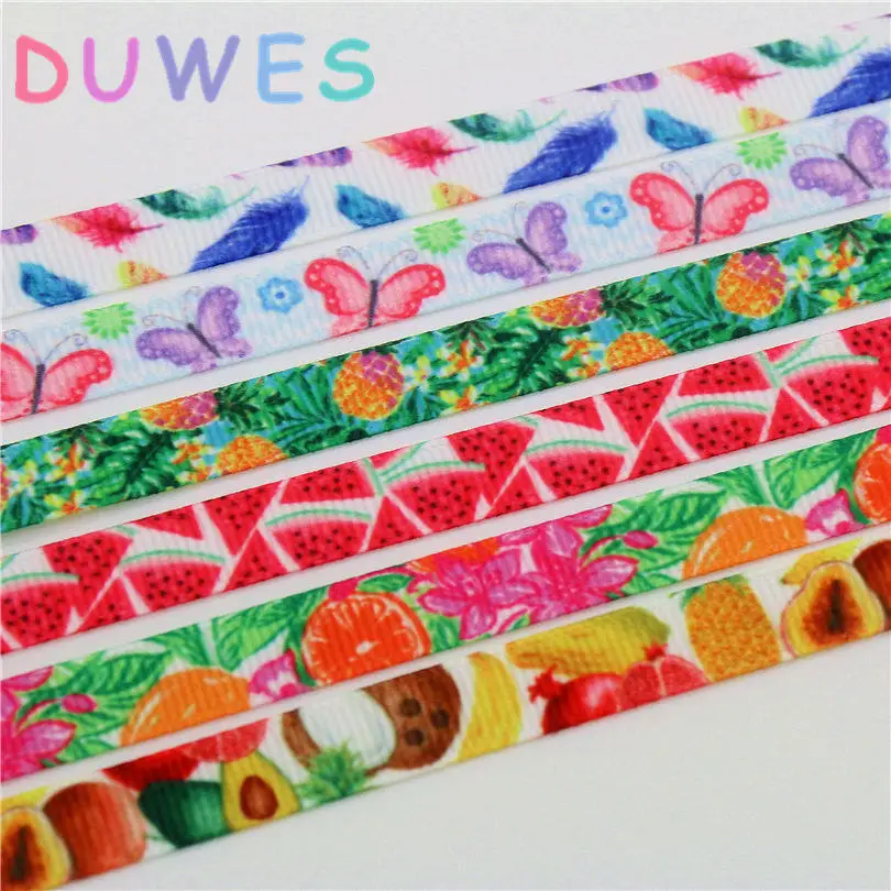 Репсовая лента DUWES D735 с принтом фруктов и бабочек 3/8 дюйма|Ленты для шитья| |