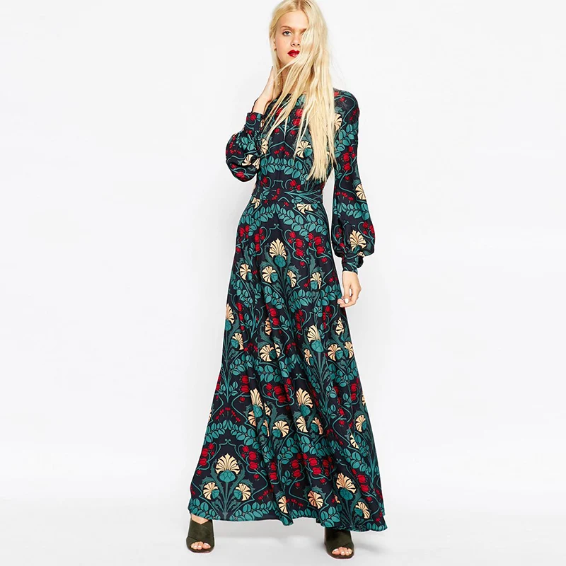2017 летние и осенние женские длинные платья в стиле ретро с цветочным принтом