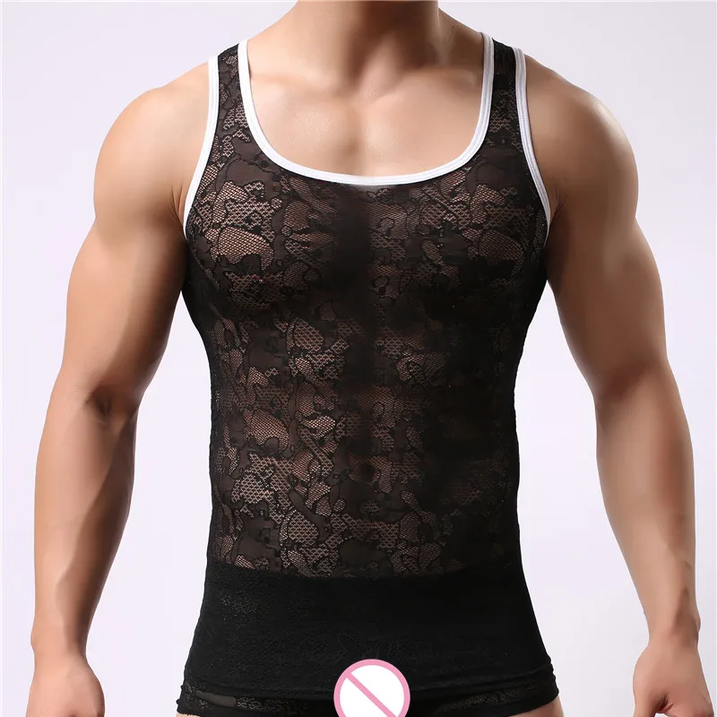 

Howe Ray Transparent Shirt Men Undershirt Sleeveless Mesh Mens Vests Underwear Lace Gay Singlet Male Bodysuit Clubwear Shirt