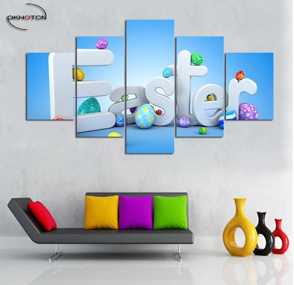 

Easter Egg Happy Festival Still Life Unframed Painting 5 Pieces/Set Modern Wall Art On Canvas Living Room Decor