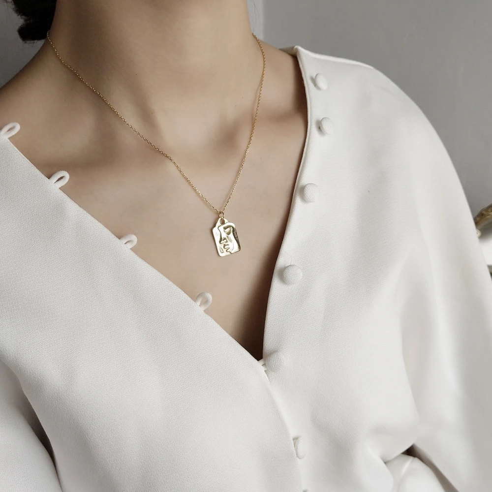 925 Sterling Silver Senseless Be Unruffled By Emotion Forgot Love Rectangular Gold Pendant Abstract Face Simple Necklaces Women | Украшения