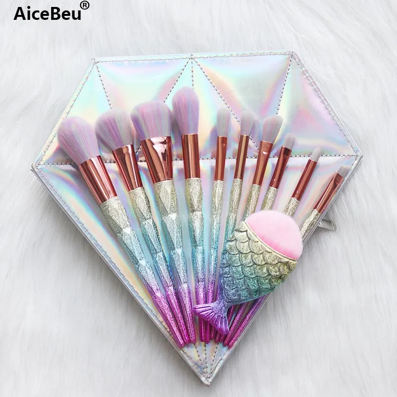 11Diamond A and bag AiceBeu 11 шт. алмазные кисти для макияжа Набор Русалочка рыбий хвост формы кисти для основы, пудры с сумкой pinceis sereia - Handle Color: 11Diamond A and bag