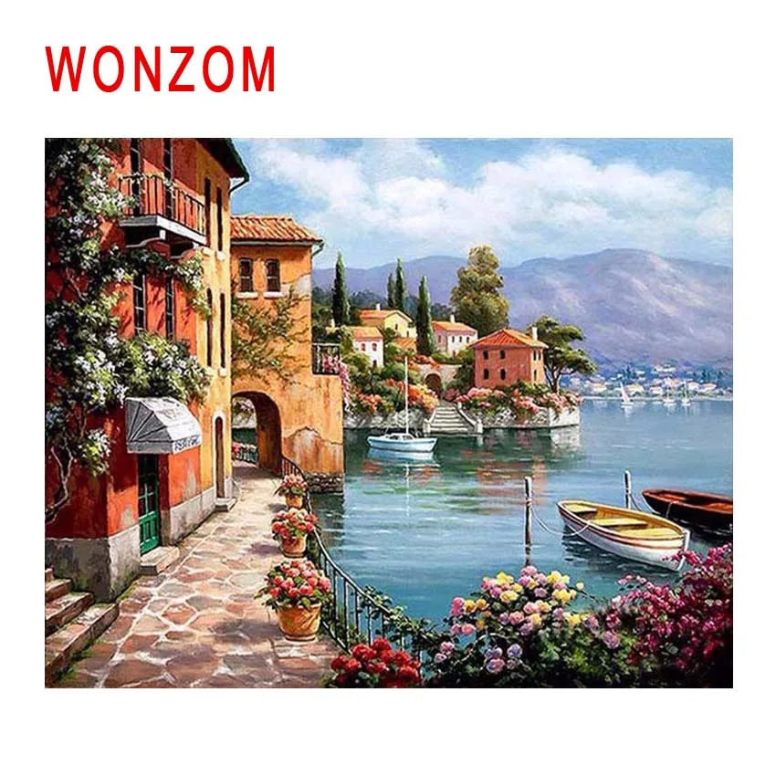 WONZOM Остров город Сделай Сам Краски ing по номерам лодка дом масляной Куадрос Decoracion