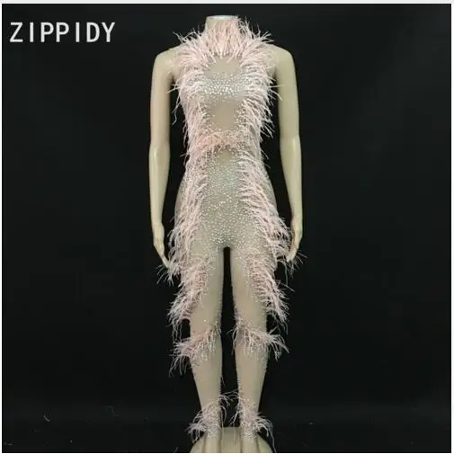 New design Sexy Stones Pink Feather See Through Jumpsuit Birthday Celebrate Outfit Women Singer Dancer Fashion Mesh Leggings