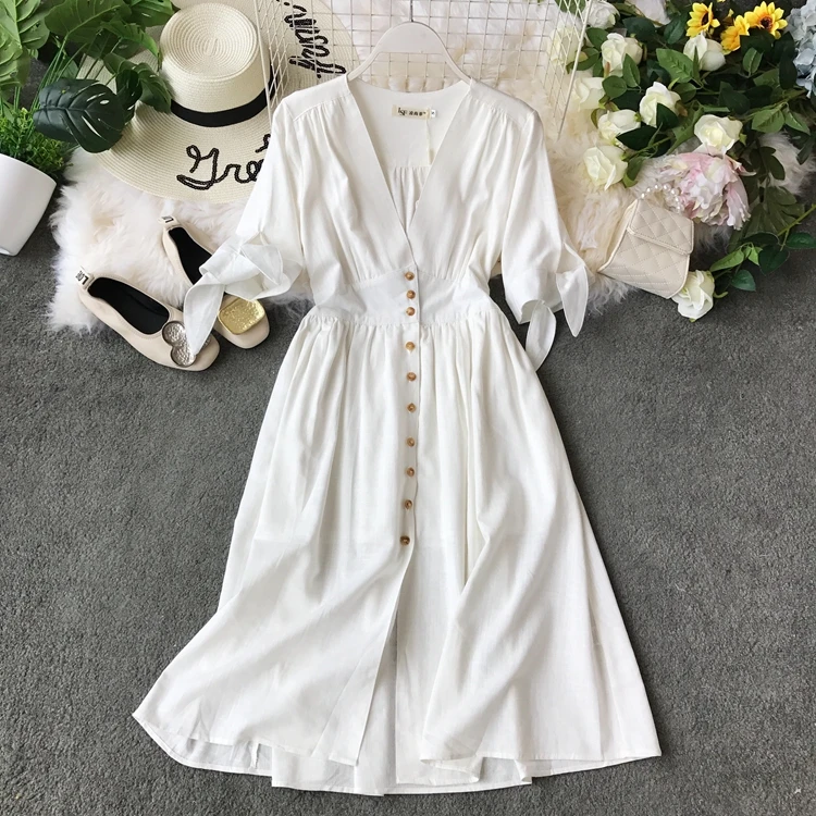 

2019 new fashion women's dresses Vintage half sleeve length summer dress white linen V-neck holiday
