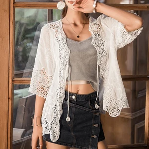 Женский кардиган с цветочной вышивкой, Повседневная Свободная блузка-кимоно с коротким рукавом, пляжные топы, лето 2019