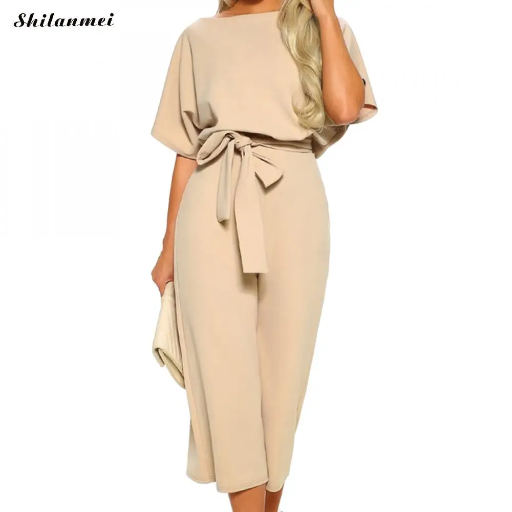 

Women Lace Up Jumpsuit Female Casual Rompers Overalls O-Neck Short Sleeve Solid Wide Leg Pant Elegant Jumpsuits Women Summer