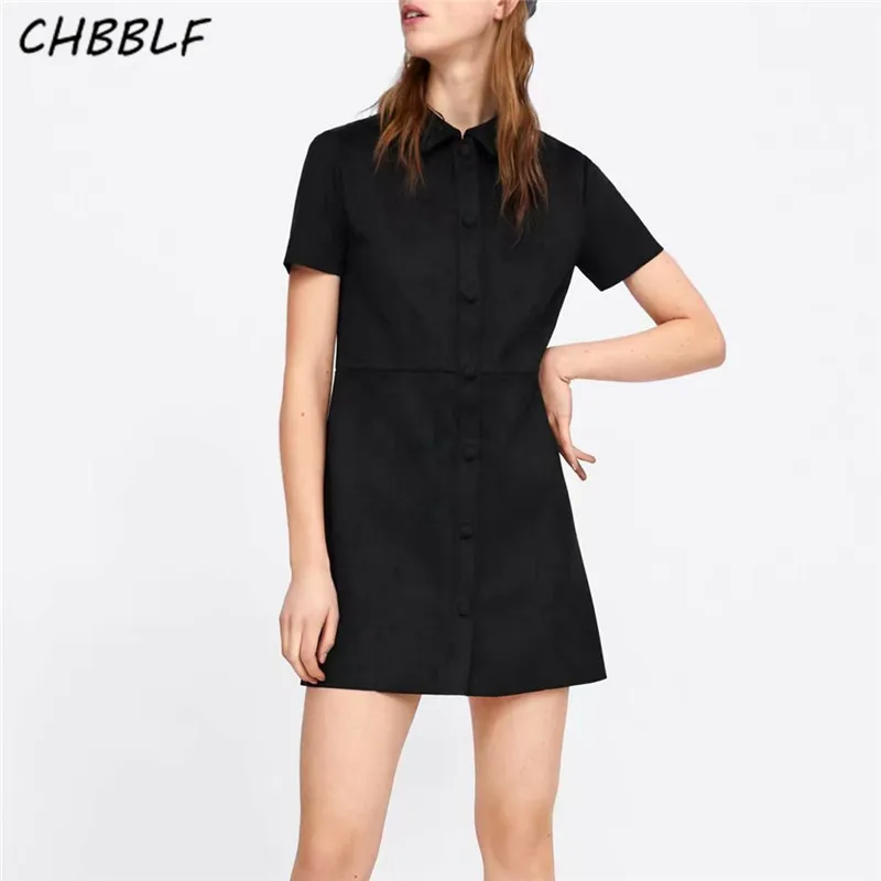 CHBBLF women suede mini dress short sleeve buttons vintage female casual dresses solid A line vestidos BGB9038 | Женская одежда