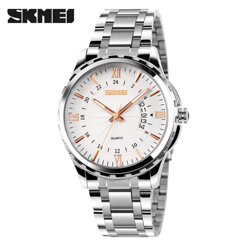 Rose Gold SKMEI брендовые Модные мужские деловые часы полностью стальные повседневные кварцевые нарядные часы Роскошные Водонепроницаемые наручные часы с календарем 9069 - Цвет: Rose Gold