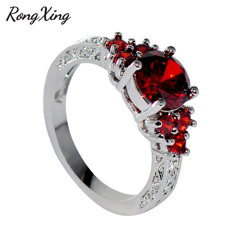 RongXing Классический круглый Красный Кристалл Циркон Обручальные кольца для женщин 925 серебро камень по дню рождения кольцо женские свадебные украшения