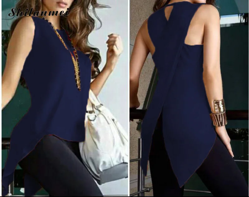 Womens Tops and Blouses Sleeveless Feminine Blouse Shirt 2018 Causal Loose Female Cross Irregular O-Neck Summer for Women |