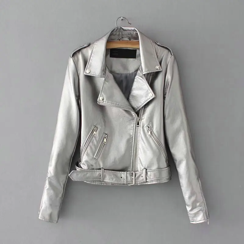 8101 Silver Новинка, модные женские Куртки из искусственной мягкой кожи на осень и зиму, женские Куртки из искусственной кожи, серебристые, черные, розовые пальто на молнии, мотоциклетная верхняя одежда - Цвет: 8101 Silver
