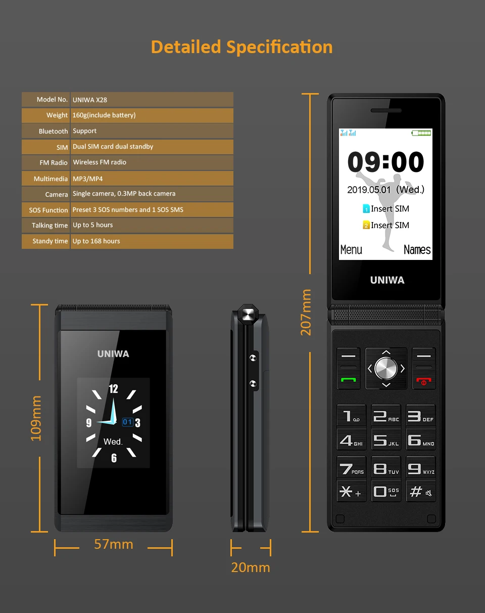 UNIWA X28 2G GSM раскладушка флип сотовый телефон старшие большие кнопочные мобильные телефоны Dual Sim FM радио Русский Иврит Клавиатура бренд