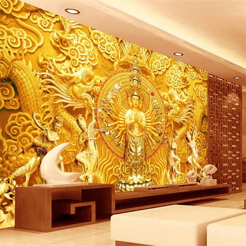 Фотообои на заказ 3D стерео фон для гостиной ТВ Золотой Будда | Обустройство дома
