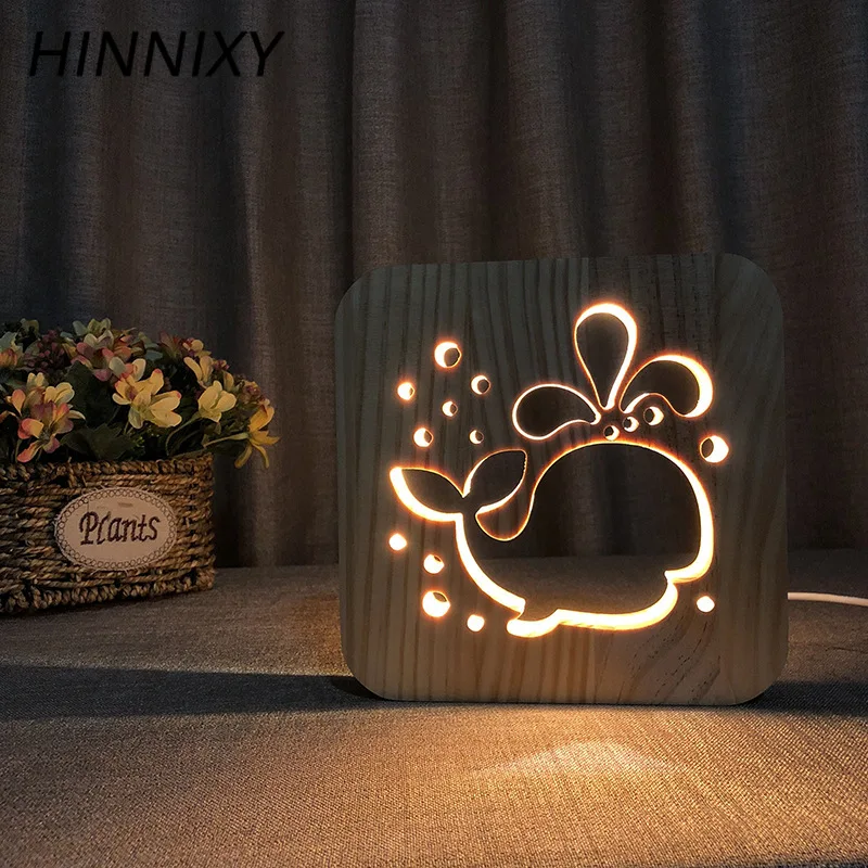 Hinnixy животные ночные светильники Кот 3D Кит деревянный полый ремесло прикроватная