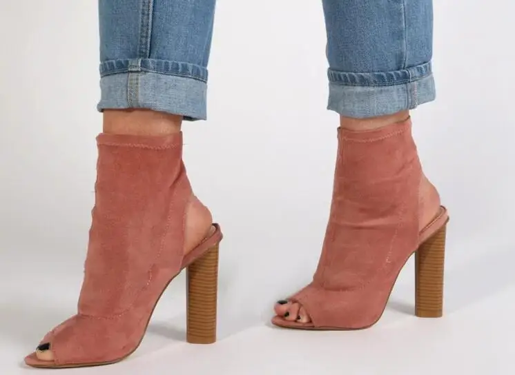 

2018 Slingbacks Suede Lather Short Boot Elastic Woman Ankle Boots Peep toe Concise Style Thick Heel Autumn Winter Female Shoes