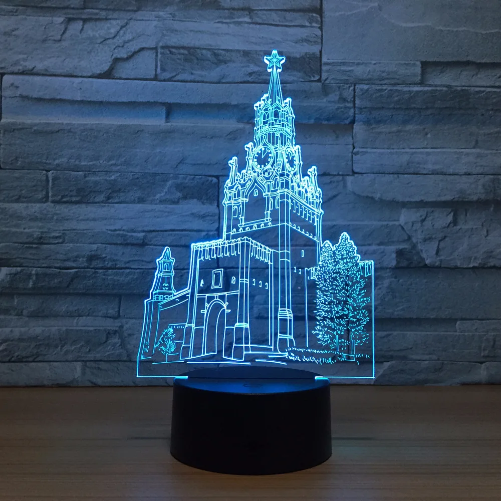 Часы башня здание 3D иллюзия Лампа 7 цветов визуальный Led ночные светильники для