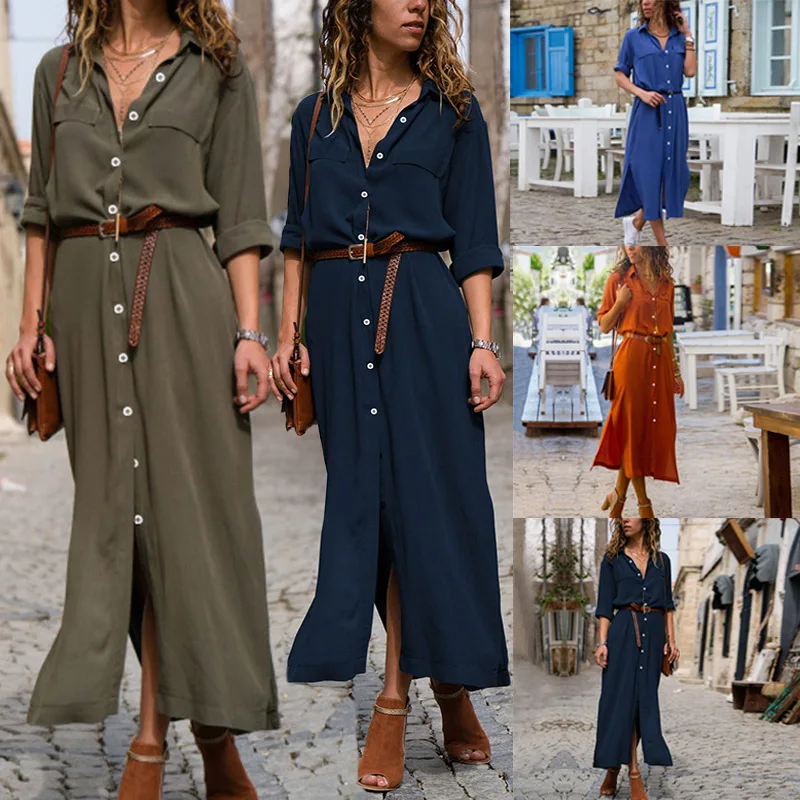 

Autumn Button Long Sleeve Dress Women Turndown Collar Office shirt Maxi long Tunic Split dresses Vestido Longo De Festa ey*