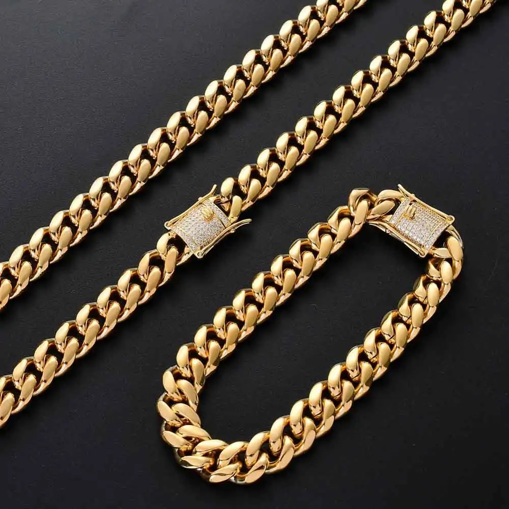 

8/10/12/14mm Miami Cuban Link Mens CZ Clasp Chain Hip Hop Stainless Steel Necklace Bracelet Rock Gold Silver Plated Jewelry set