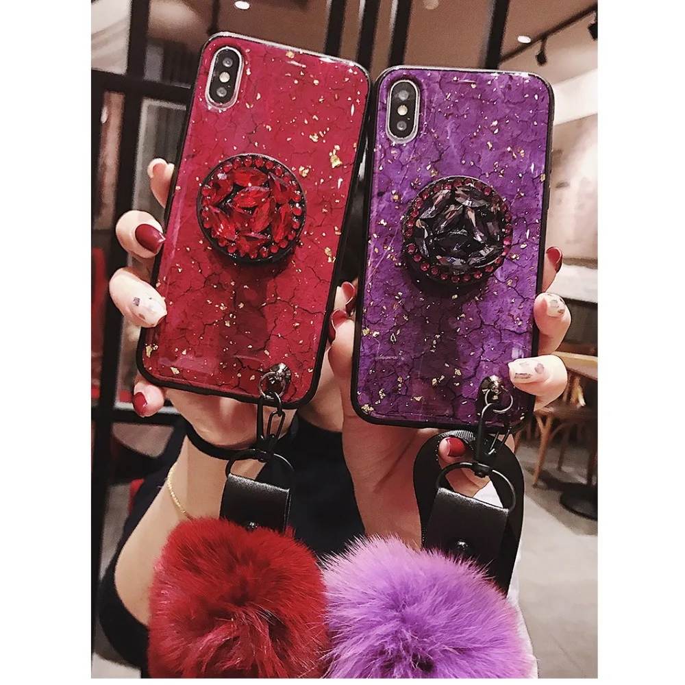 Hot Diamond Chain Pompom Fur Ball Case Capa For Samsung Galaxy S10 Plus S10e J8 J4 J6 2018 J3 j7 j5 2017 Strap Coque |