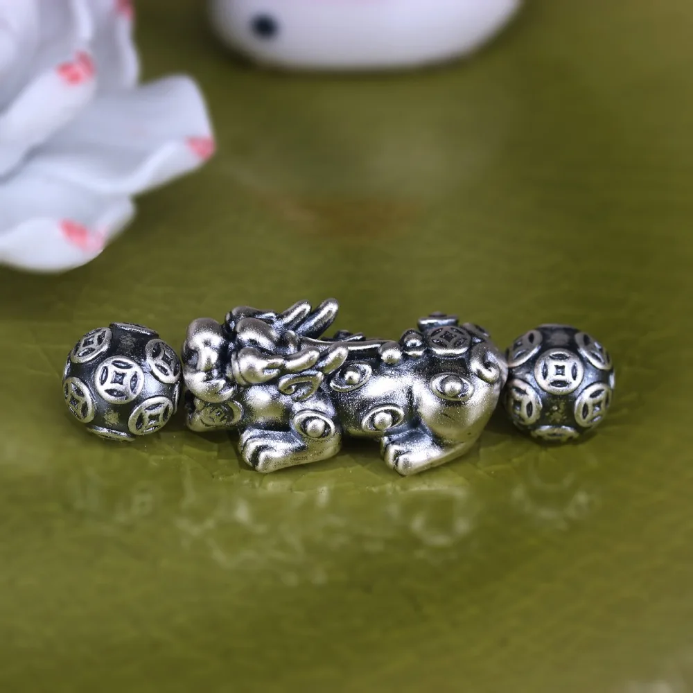 3D 999 серебро Fengshui Pixiu бусины чистое серебро счастливый зверь ювелирные бусы богатство пиксиу бусины для богатства