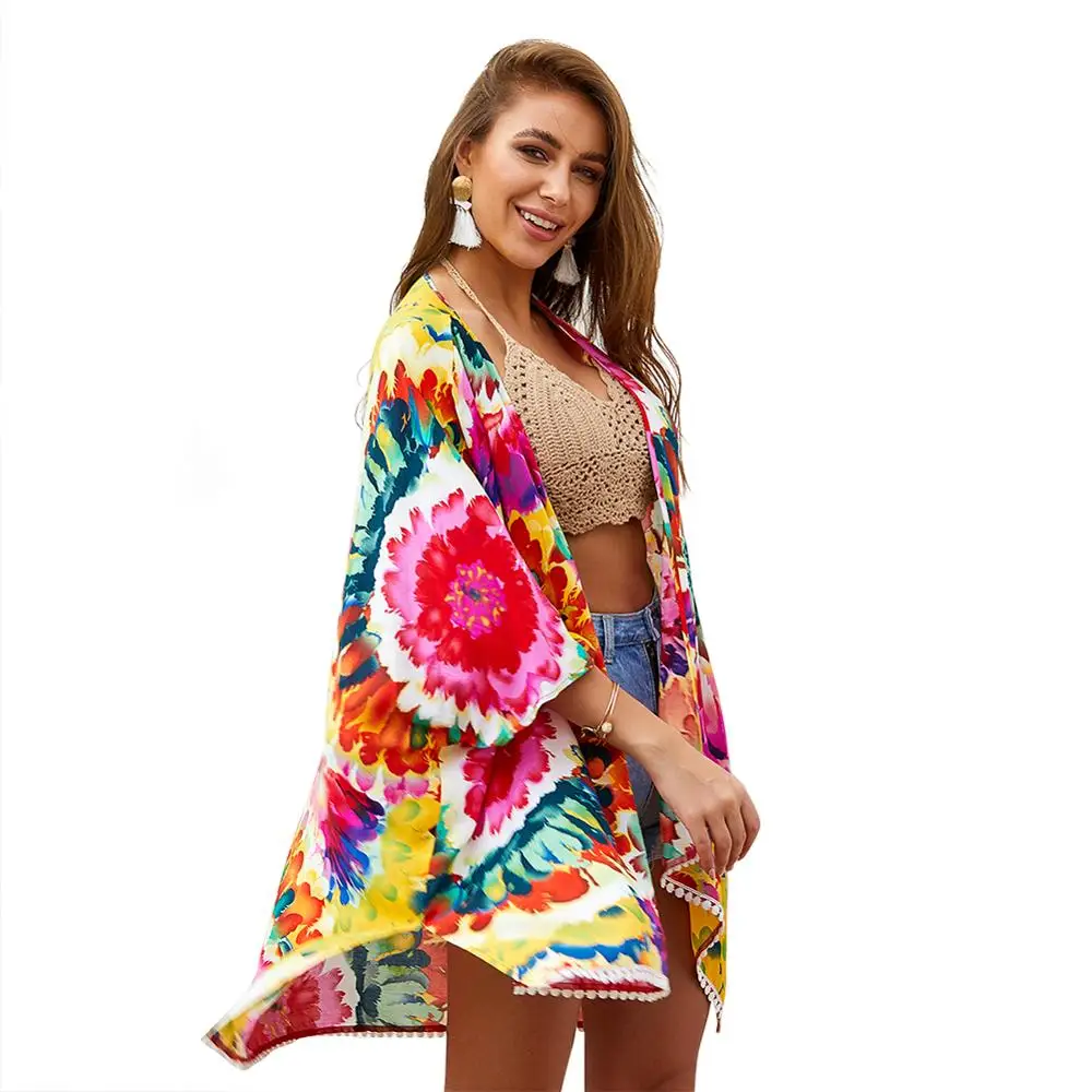 Женский шарф в этническом стиле с кисточками и принтом большая шаль