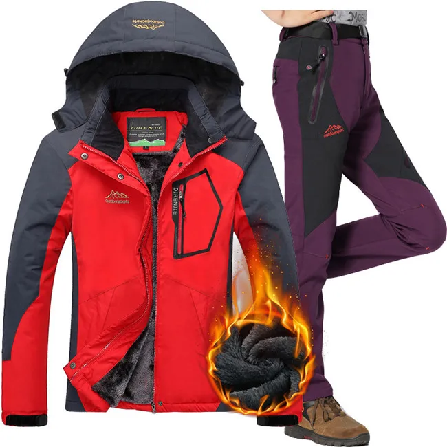Red Purple Зимний теплый лыжный костюм для женщин, для улицы, водонепроницаемый, ветрозащитный, для снега, сноуборд, куртка и штаны, Женский термальный лыжный комплект одежды - Цвет: Red Purple