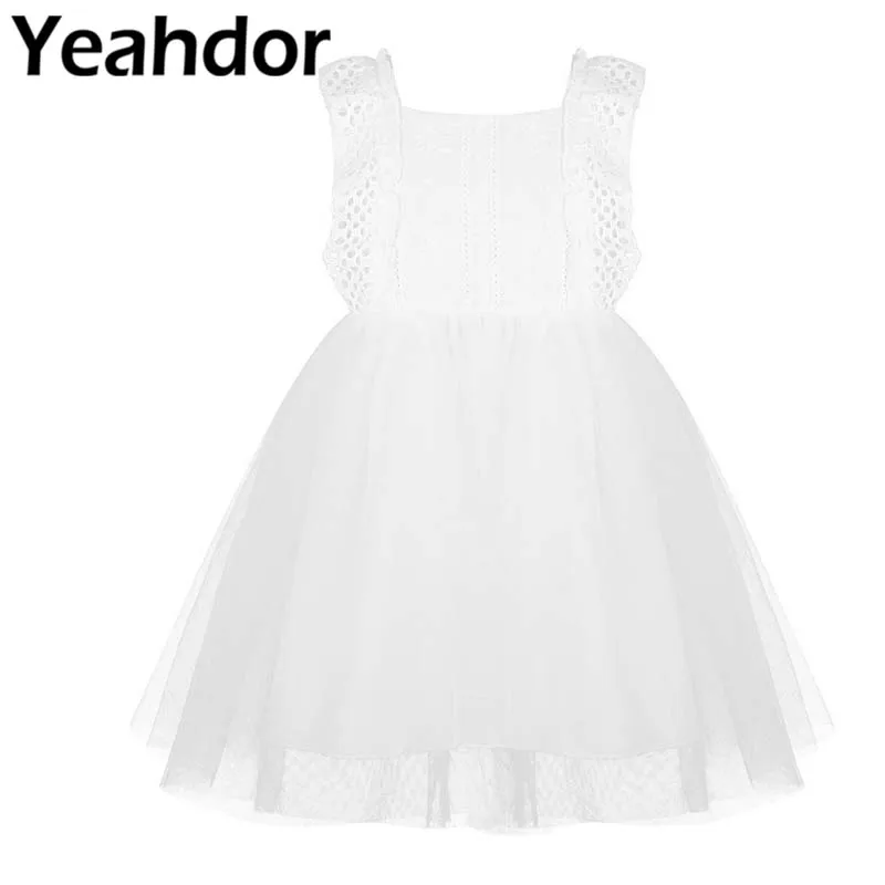 

Kids Girls Sleeveless Lacework Back Button Closure Flower Girl Tulle Tutu Dress Princess Pageant Wedding Birthday Party Dress
