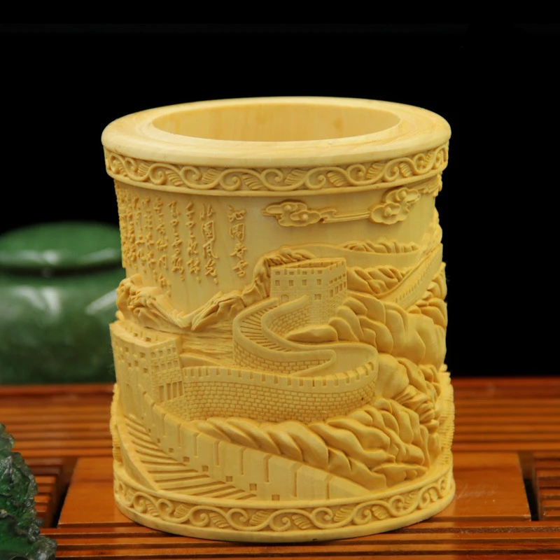 

Carved solid wood pen holder Decoration of Boxwood arts and crafts home furnishings gift handmade artwork