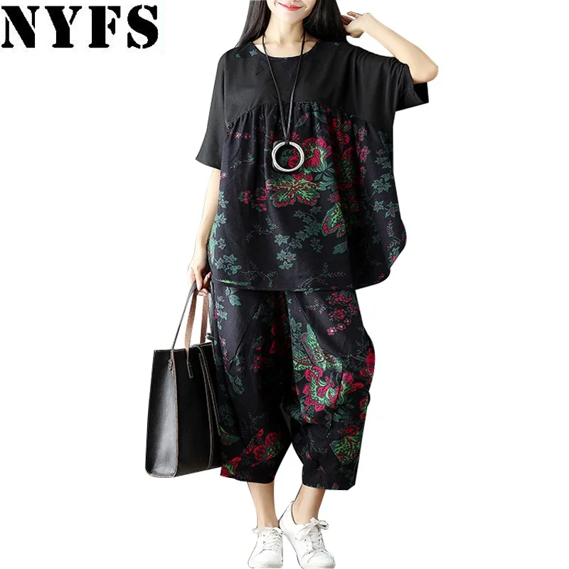 Женский льняной комплект NYFS футболка с коротким рукавом и принтом в национальном