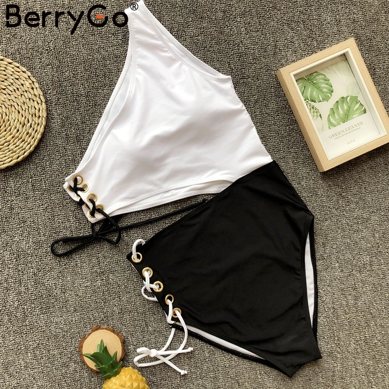 BerryGo сексуальный женский купальник с боковой шнуровкой, высокая талия, цельный черный женский купальник, летняя пляжная одежда, женские купальники