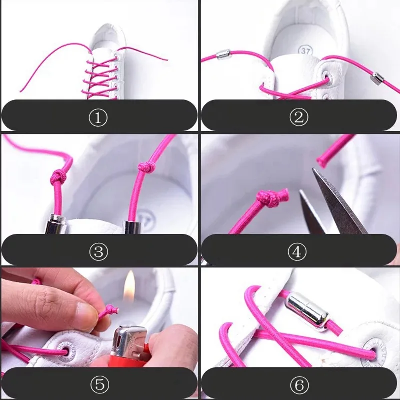 1Pair New Reflective Elastic Shoelaces Metal Tip Shoelace Round No Tie Shoelaces Convenient Quick Lock Laces Unisex Shoe Laces