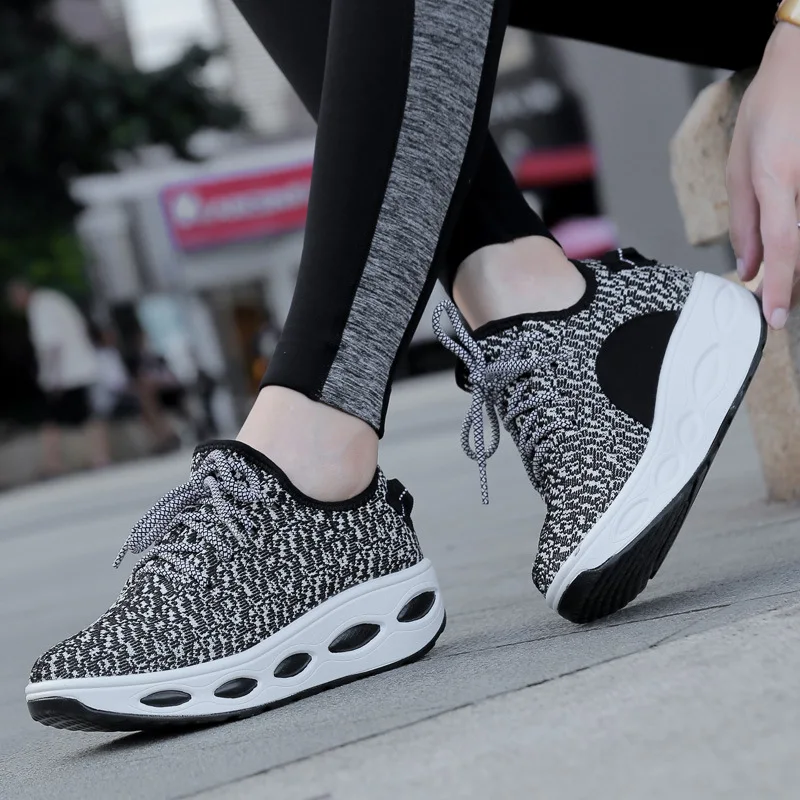 

2019 Rocking Shoes women's Sports Breathable Casual Shallow Shoes Thick Bottom Air cushion flying weaving mesh shoes