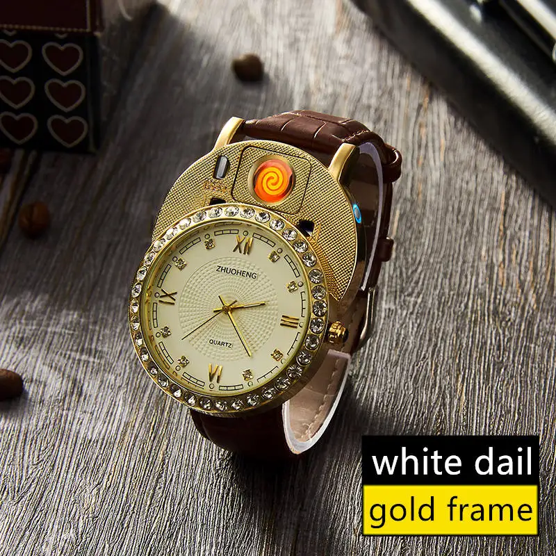 gold white no box Мужские часы-прикуриватель, кварцевые часы с зарядкой от USB, роскошные часы с бриллиантовым циферблатом, повседневные наручные часы, мужские часы, JH391-1, 1 шт - Цвет: gold white no box