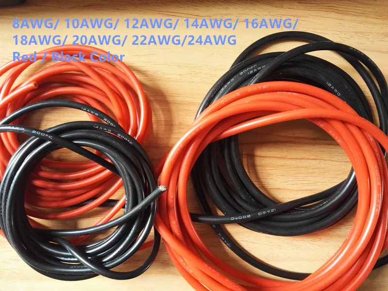 

1 Meter Red and 1Meter Black Silicon Wire 8AWG 10AWG 12AWG 14AWG 16AWG 18AWG 22AWG Heatproof Soft Silicone Silica Gel Wire Cable