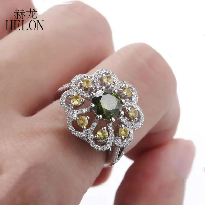 HELON 2.02ct КРУГЛЫЙ 6,5 мм Хром Диопсид& 2,5 мм цитрин проложить бриллианты цветок Элегантное Кольцо Твердые 14 к белые модные золотые ювелирные изделия