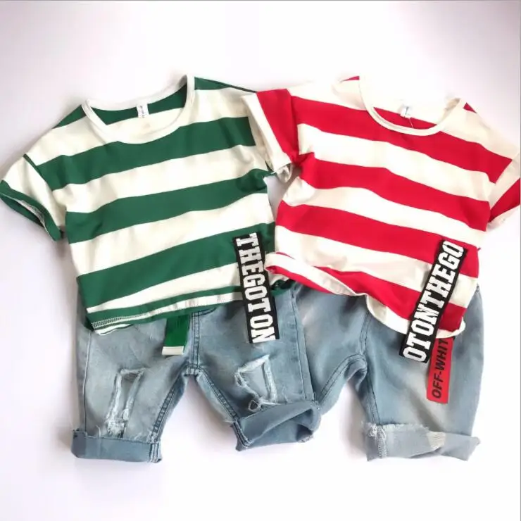 Kids Clothing Sets Fashion Style Baby Short Sleeved Striped T-Shirt + Denim Shorts 2Pcs Children 2-7year |
