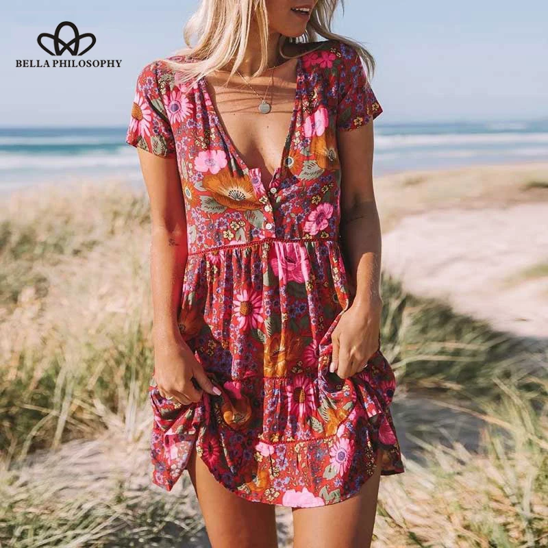 Heydress платье в стиле бохо летнее с принтом маргариток красное женское v-образным