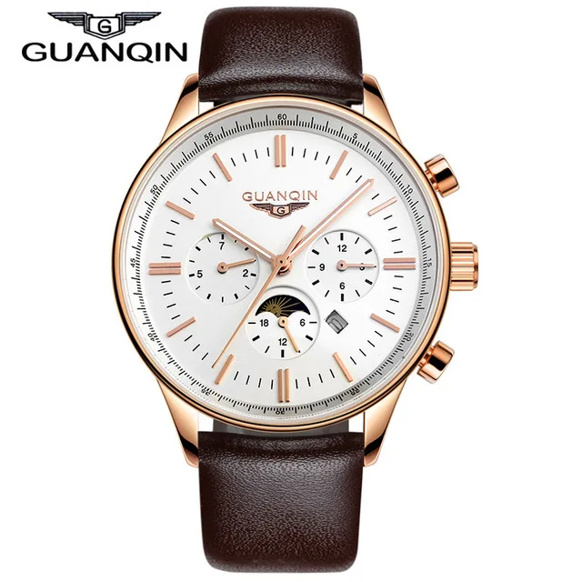 brown gold white GUANQIN, мужские часы, лучший бренд, Роскошные, модные, повседневные, спортивные, водонепроницаемые, кварцевые часы, натуральная кожа, ремешок для часов, Relogio Masculino - Цвет: brown gold white
