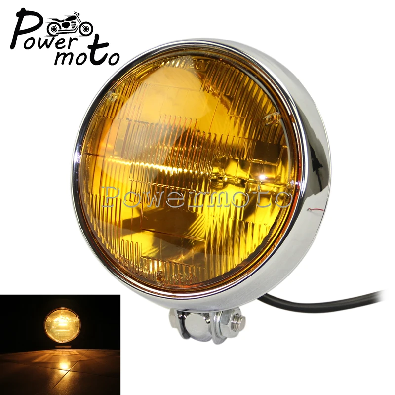 

Motorcycle Chrome Retro Bates Style 5.75" Headlight Front Headlamp Amber Lens For Harley Cafe Racer Bobber Chopper Custom