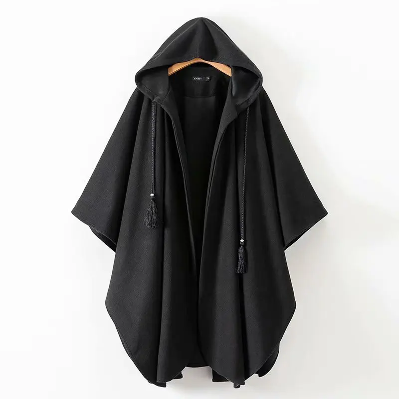 

UUpperway Gothic Cape Jackets Winter 2019 Batwing Sleeve Woolen Hooded String Vintage Black Fashion Open Cardigan Coats Ponchos