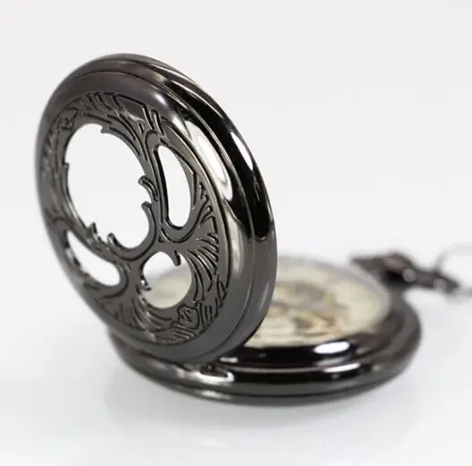 Antique Black Mysterious Relief Hollow Mechanical Pocket Watch Vintage Steampunk Necklace Pendant Fob Chain Men's Watch