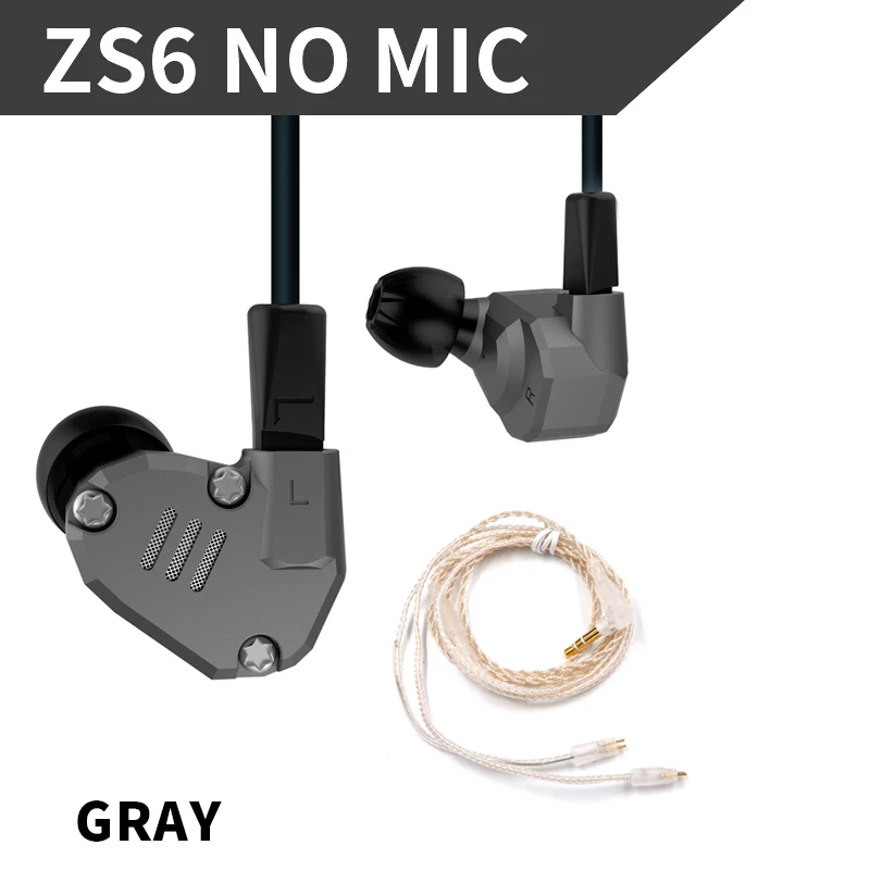 gray no mic silver Новинка KZ ZS6 2DD+ 2BA гибридные наушники-вкладыши HIFI DJ Monito спортивные наушники для бега наушники-вкладыши Наушники KZ ZS6 ZS10 ZS5 AS10 ES4 - Цвет: gray no mic silver