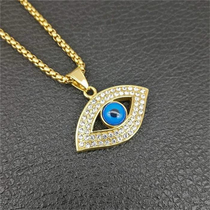 Gold Color Турецкий глаз кулон с цепочкой из нержавеющей стали и со льдом Bling Стразы ожерелье Амулет хип-хоп турецкие ювелирные изделия - Окраска металла: Gold Color