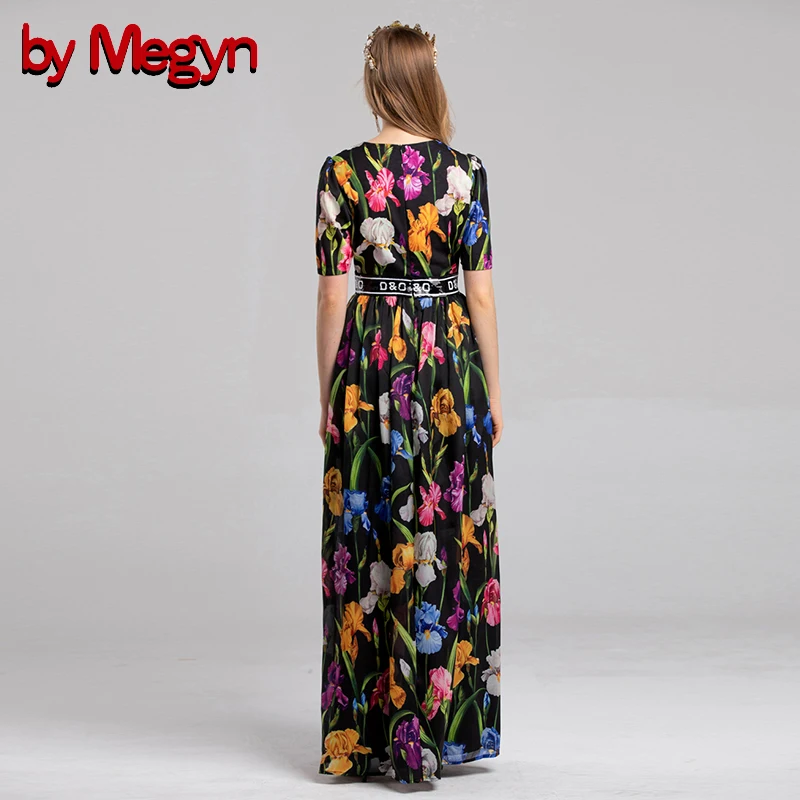 Женское длинное платье Megyn Осеннее черное в ретро-стиле с о-вырезом и цветочным