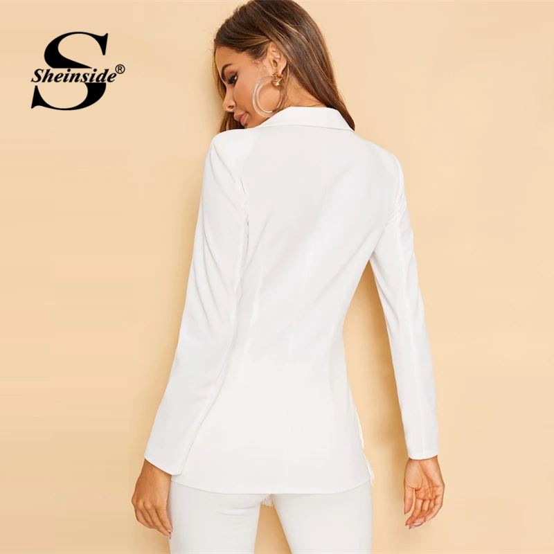 Sheinside, элегантный белый двубортный блейзер с зубчатым воротником, Женский однотонный блейзер с отделкой,, весенние удлиненные блейзеры с бахромой