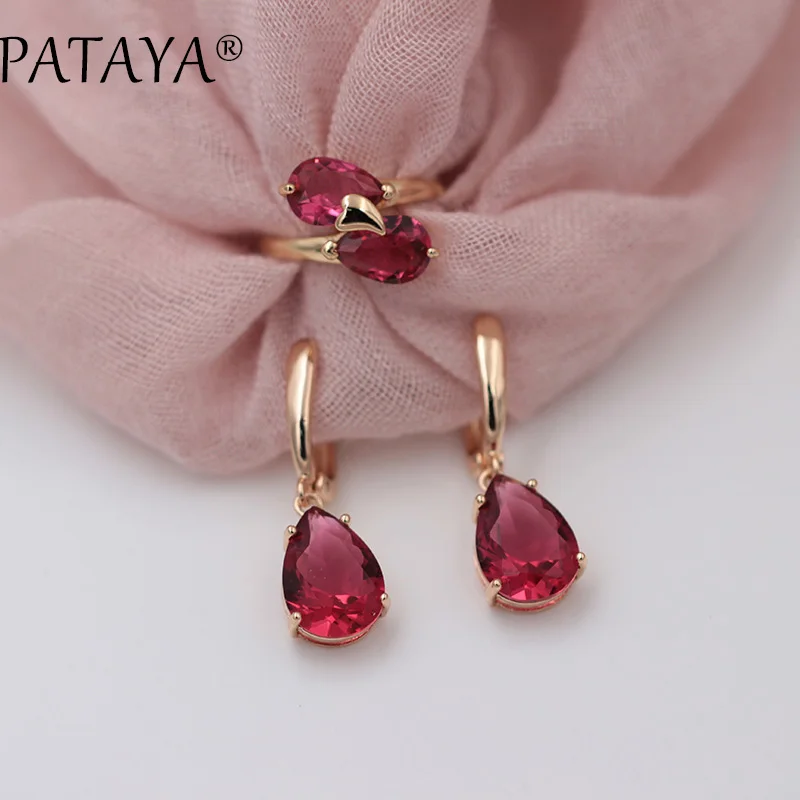 rose red PATAYA, новинка 585, розовое золото, романтические свадебные ювелирные наборы, роза, капля воды, натуральный циркон, серьги, кольцо, набор, эксклюзивный дизайн - Окраска металла: rose red