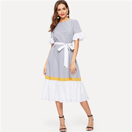 Цвет: желтый SHEIN модное платье в полоску с оборкой и цветным поясом,, Boho, весна-лето, короткое платье с воланом, рукав, туника, цельнокроеное женское платье - Цвет: Цвет: желтый