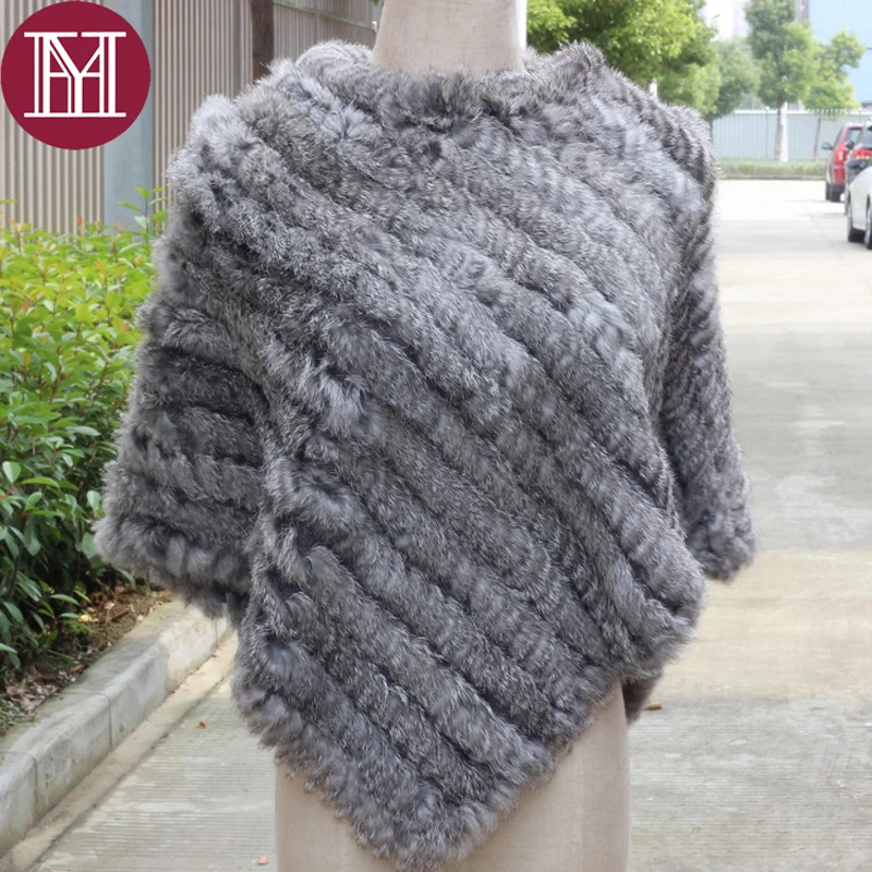 Женский вязаный пончо из кроличьего меха демисезонный шарф-накидка натурального