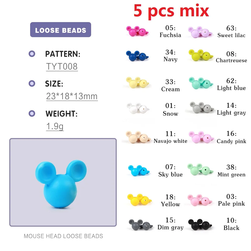 TYT008-5PCS-MIX TYRY. HU 5 шт пищевого качества Детские Прорезыватели для зубов мини лиса Пингвин енот слон коала жемчужная силиконовая соска с бусами клипсы цепь сделай сам - Цвет: TYT008-5PCS-MIX
